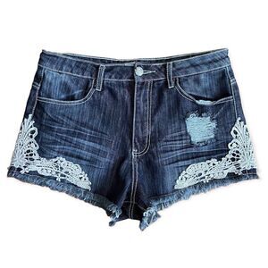 Almost Famous Dark Stretch Denim  Crochet Lace Fray Hem Shorts 11